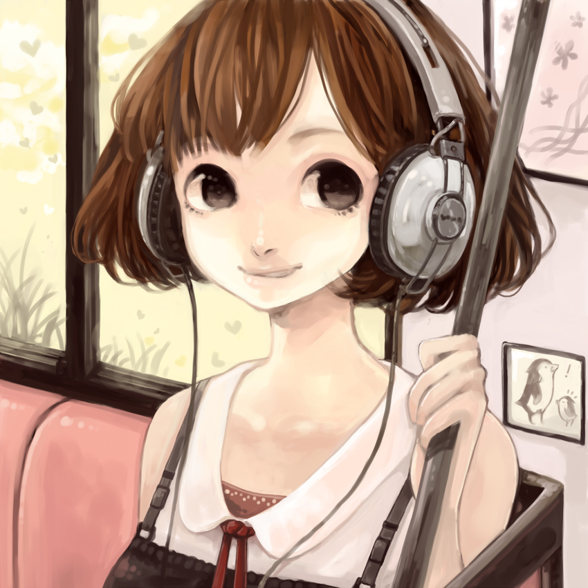 :q bird brown_eyes brown_hair headphones highres original penguin short_hair solo tongue tongue_out train_interior yuu_(higashi_no_penguin)