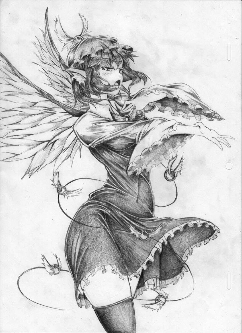 absurdres graphite_(medium) greyscale hand_on_own_chest hands hat highres kitazinger monochrome music mystia_lorelei outstretched_arm short_hair singing solo thighhighs touhou traditional_media wings zettai_ryouiki