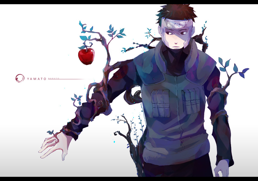 apple asato_(s_take) branch branches brown_hair flak_jacket food fruit male male_focus naruto naruto_shippuuden short_hair tree vest yamato_(naruto)