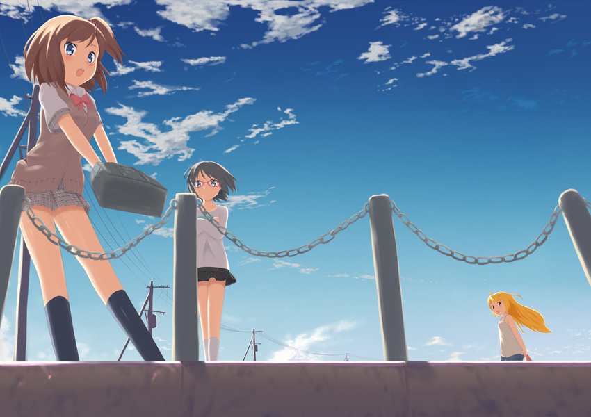 bag blue_eyes blush bow brown_hair chain cloud crossed_arms day fence glasses momo_no_kanzume multiple_girls open_mouth original railing school_bag short_hair skirt sky sweater sweater_vest vest