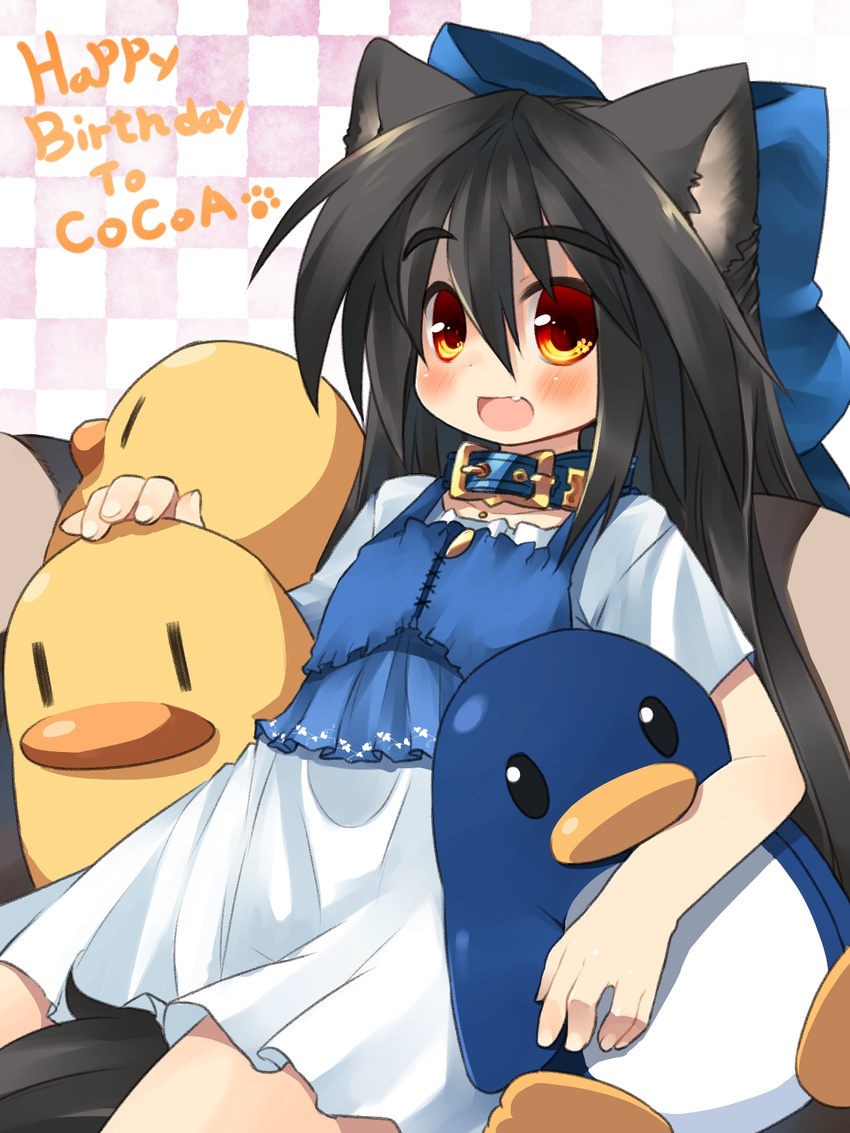 :d animal_ears between_legs bird black_hair blush bow collar dog_ears dress eyebrows fang happy_birthday highres kannagi_cocoa long_hair open_mouth orange_eyes original penguin red_eyes ribbon sitting smile solo stuffed_toy tail tail_between_legs toba_hiyoko very_long_hair