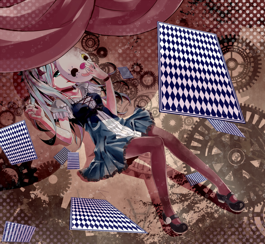 aqua_eyes aqua_hair bracelet card choker dress falling_card gears hatsune_miku jewelry karakuri_pierrot_(vocaloid) lying lying_card mary_janes mask pantyhose shoes solo tears ume_cake vocaloid