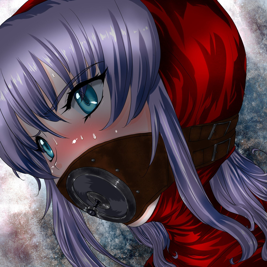 akizam bdsm blue_eyes bondage bound dragon_quest dragon_quest_ii face gag gagged highres hood plug_gag princess_of_moonbrook purple_hair solo