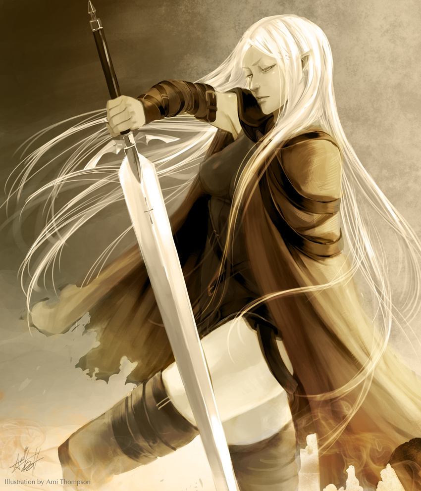 absurdres ami_thompson bad_id bad_pixiv_id cape claymore claymore_(sword) closed_eyes highres irene_(claymore) long_hair pointy_ears solo sword thighhighs weapon white_hair