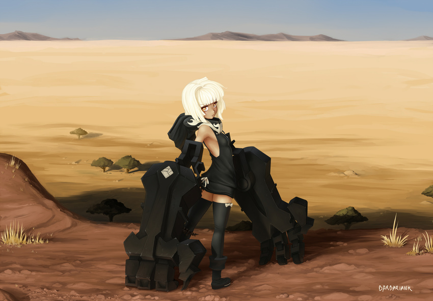 amputee ankle_boots barbariank black_rock_shooter boots desert highres hood mechanical_arms ribbon solo strength_(black_rock_shooter) tail tan thighhighs white_hair