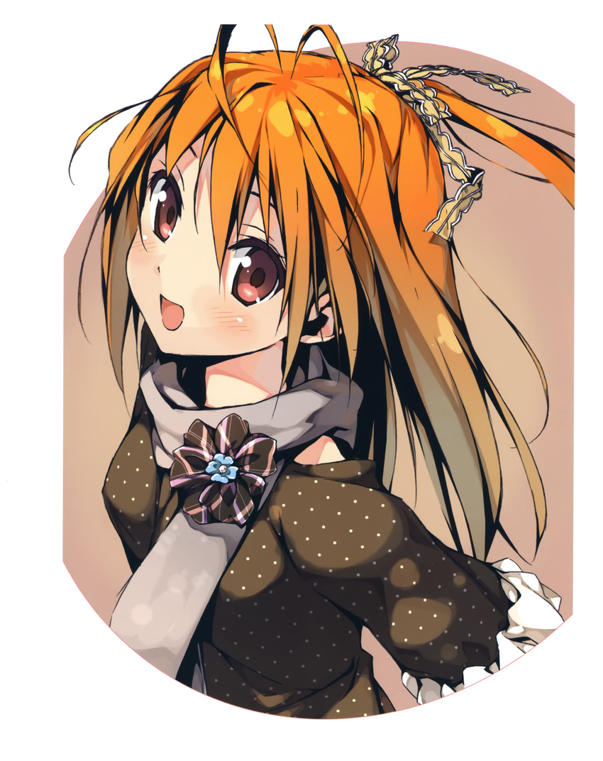 absurdres ahoge blush brown_eyes happy highres kantoku long_hair miyaguchi_kei orange_hair original ribbon scarf solo