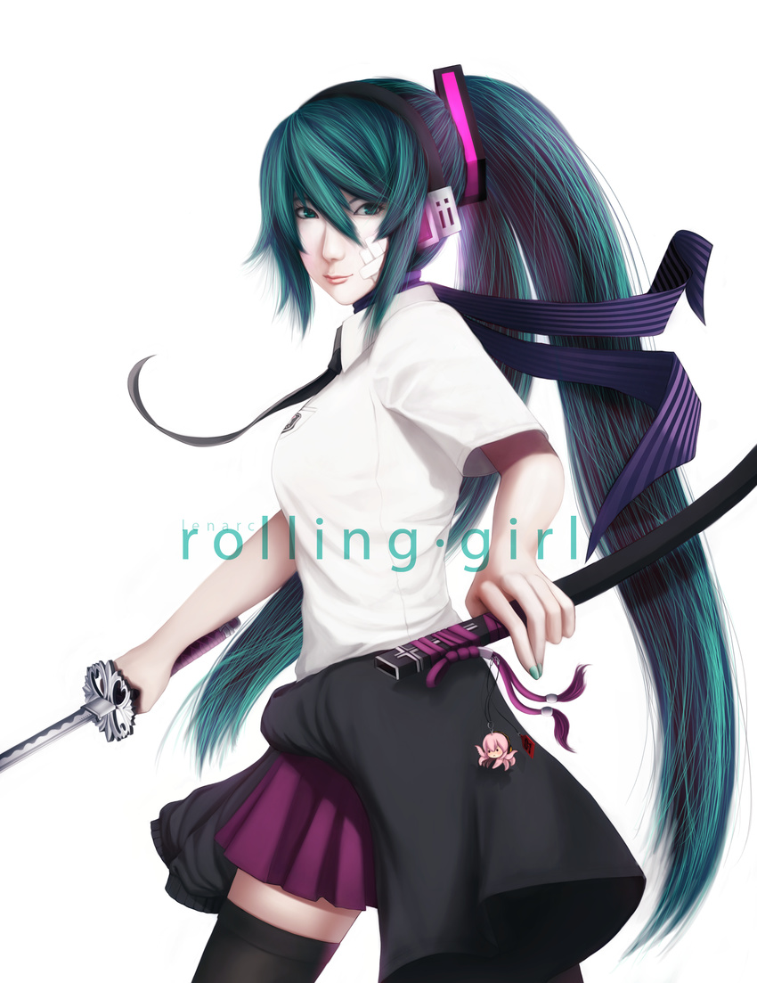 absurdres bad_id bad_pixiv_id black_legwear breasts cellphone_charm charm_(object) cosplay green_eyes green_hair hatsune_miku highres katana large_breasts len|arc long_hair nail_polish necktie no_more_heroes pleated_skirt rolling_girl_(vocaloid) scabbard scarf school_uniform sheath shinobu_jacobs skirt solo split_ponytail sword takoluka thighhighs unsheathed very_long_hair vocaloid weapon zettai_ryouiki