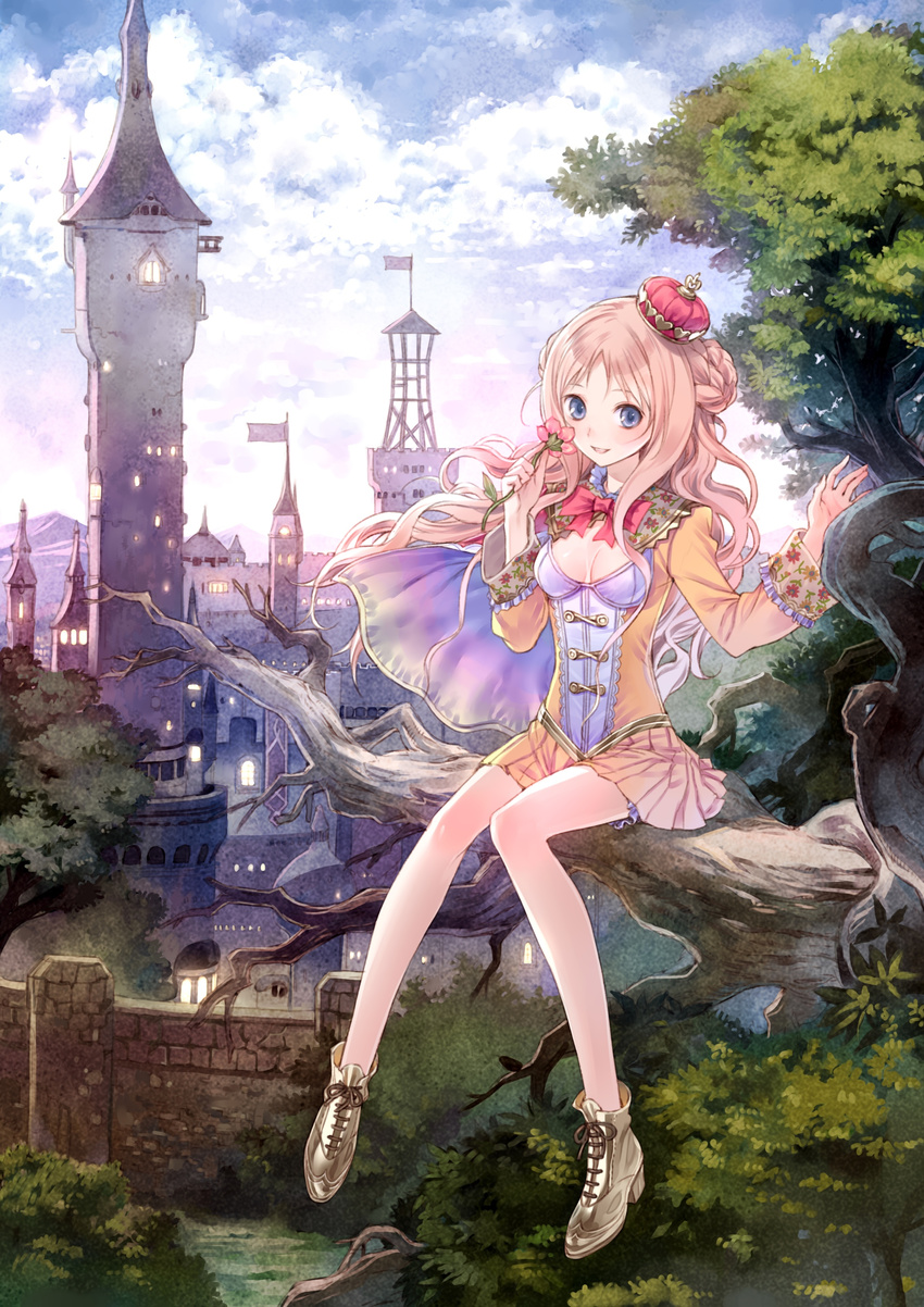 absurdres atelier_(series) atelier_meruru bare_legs battlement blue_eyes boots bow braid breasts brown_hair bush cape castle city cleavage cleavage_cutout crown day flag flower foot_dangle half_updo highres holding holding_flower in_tree kishida_mel lights long_legs long_sleeves looking_at_viewer medium_breasts merurulince_rede_arls mini_crown miniskirt no_socks official_art outdoors parted_lips pleated_skirt red_bow ribbon sitting sitting_in_tree skirt sky smile source_request spire stone_wall tower town tree wall yellow_skirt