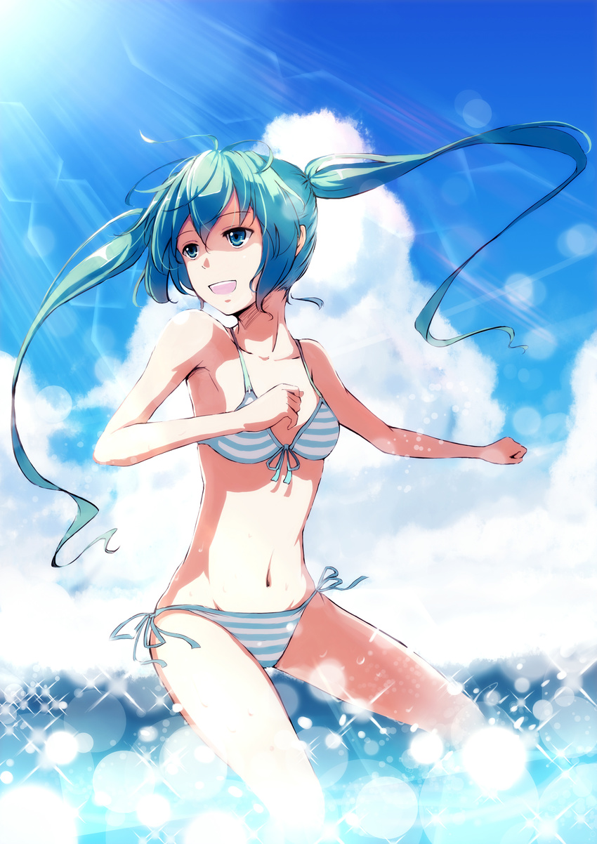 absurdres bad_id bad_pixiv_id bikini day front-tie_top green_eyes green_hair hatsune_miku highres lens_flare light_rays long_hair navel side-tie_bikini smile sola7764 solo striped striped_bikini sunbeam sunlight swimsuit twintails vocaloid