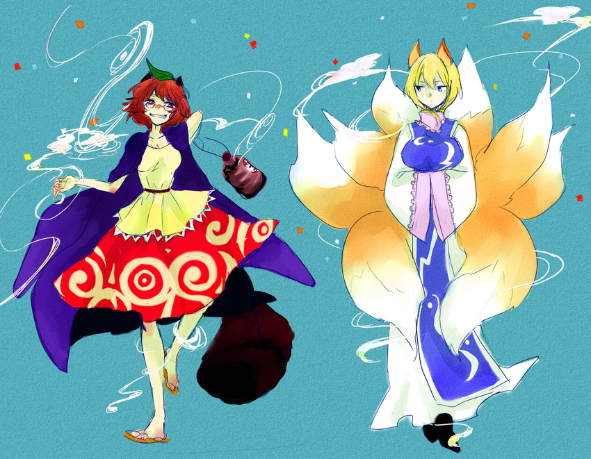 animal_ears bad_id bad_pixiv_id blonde_hair blush brown_hair error fox_ears fox_tail futatsuiwa_mamizou glasses grin leaf multiple_girls multiple_tails raccoon_ears raccoon_tail red_eyes shimana_(cs-ts-az) skirt smile tail touhou yakumo_ran yellow_eyes