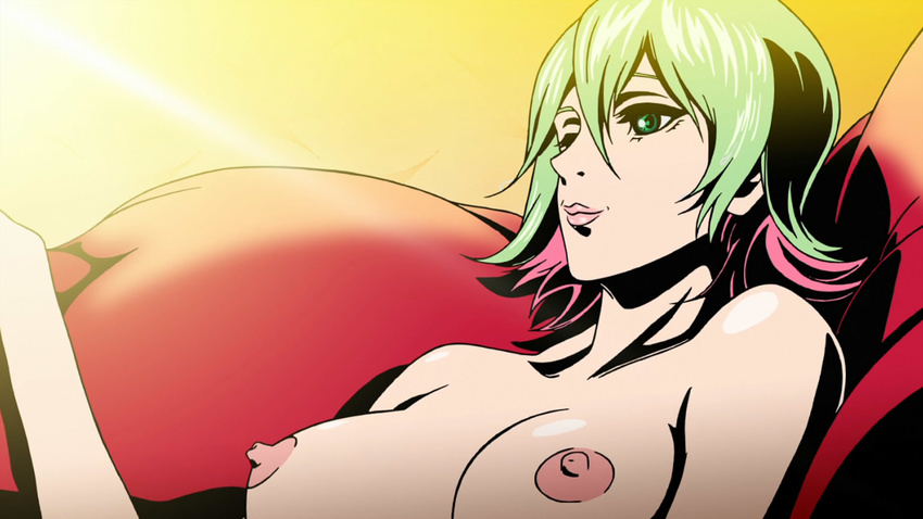 breasts couch green_eyes green_hair highres large_breasts lips multicolored_hair nipples pink_hair redline screencap solo sonoshee_mclaren topless