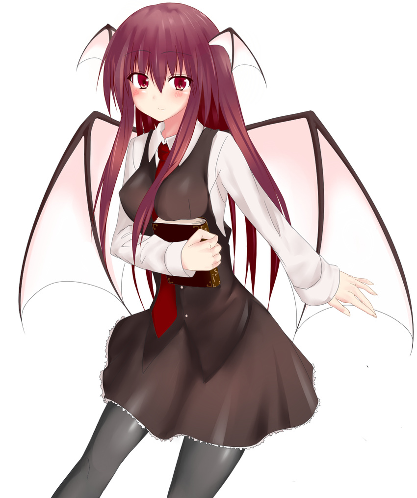 bat_wings black_legwear blush book dress dress_shirt head_wings highres koakuma long_hair necktie pantyhose pointy_ears red_eyes red_hair red_neckwear shirt skirt smile solo touhou tukiuta vest wings