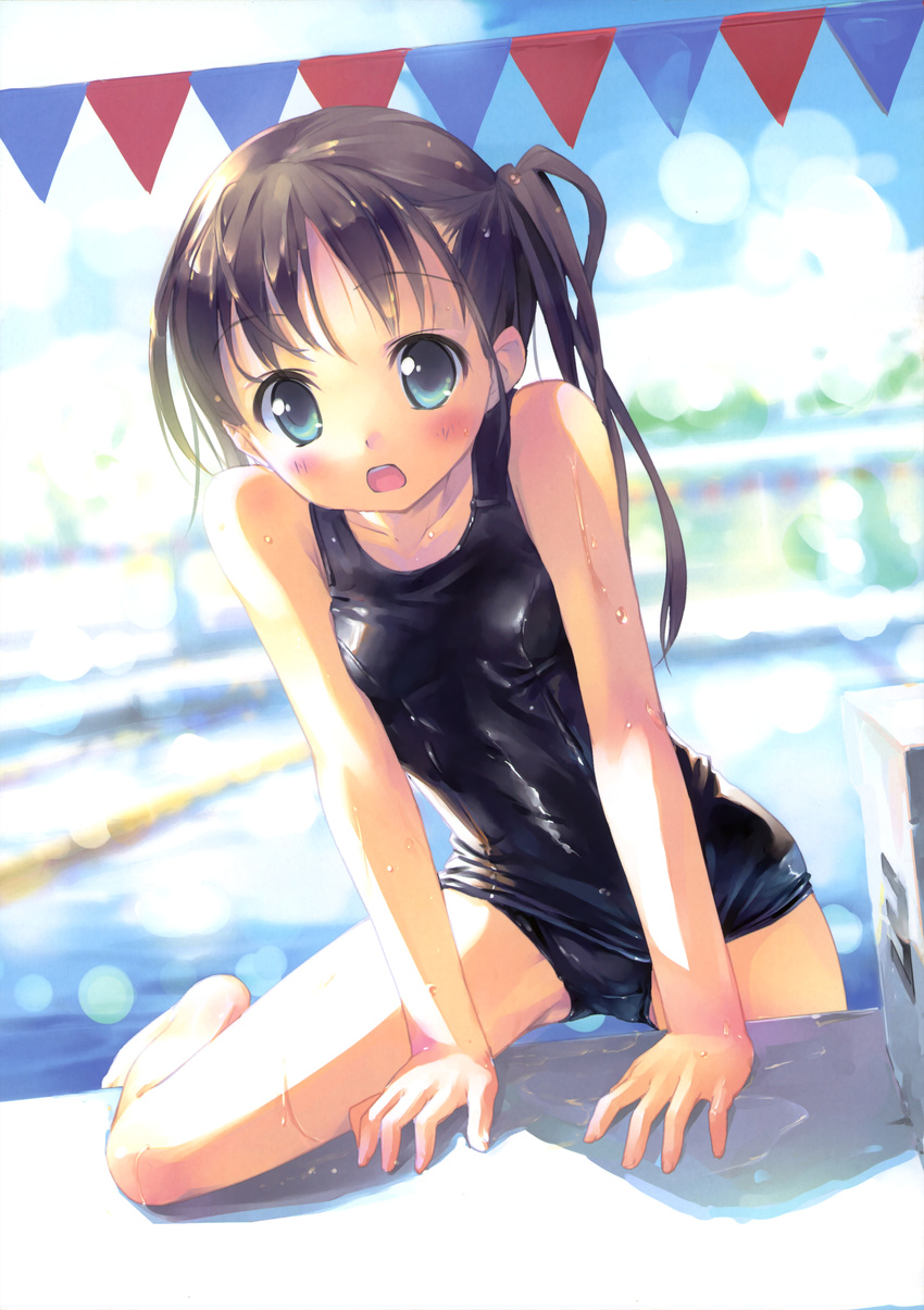 absurdres blue_eyes blurry blush body_blush brown_hair day depth_of_field highres lane_line long_hair looking_at_viewer non-web_source one-piece_swimsuit open_mouth original outdoors pool poolside scan school_swimsuit shiny shiny_clothes side_ponytail solo starting_block swimsuit takoyaki_(roast) wet wet_clothes