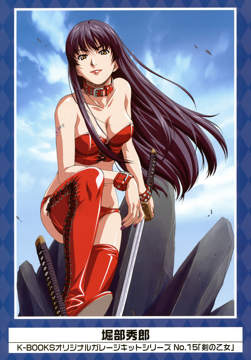 absurdres bare_shoulders black_hair boots bracelet breasts character_request cleavage cloud collar copyright_request day highres horibe_hiderou jewelry k-books katana large_breasts long_hair looking_at_viewer outdoors sky solo sword tattoo thigh_boots thighhighs weapon wind yellow_eyes