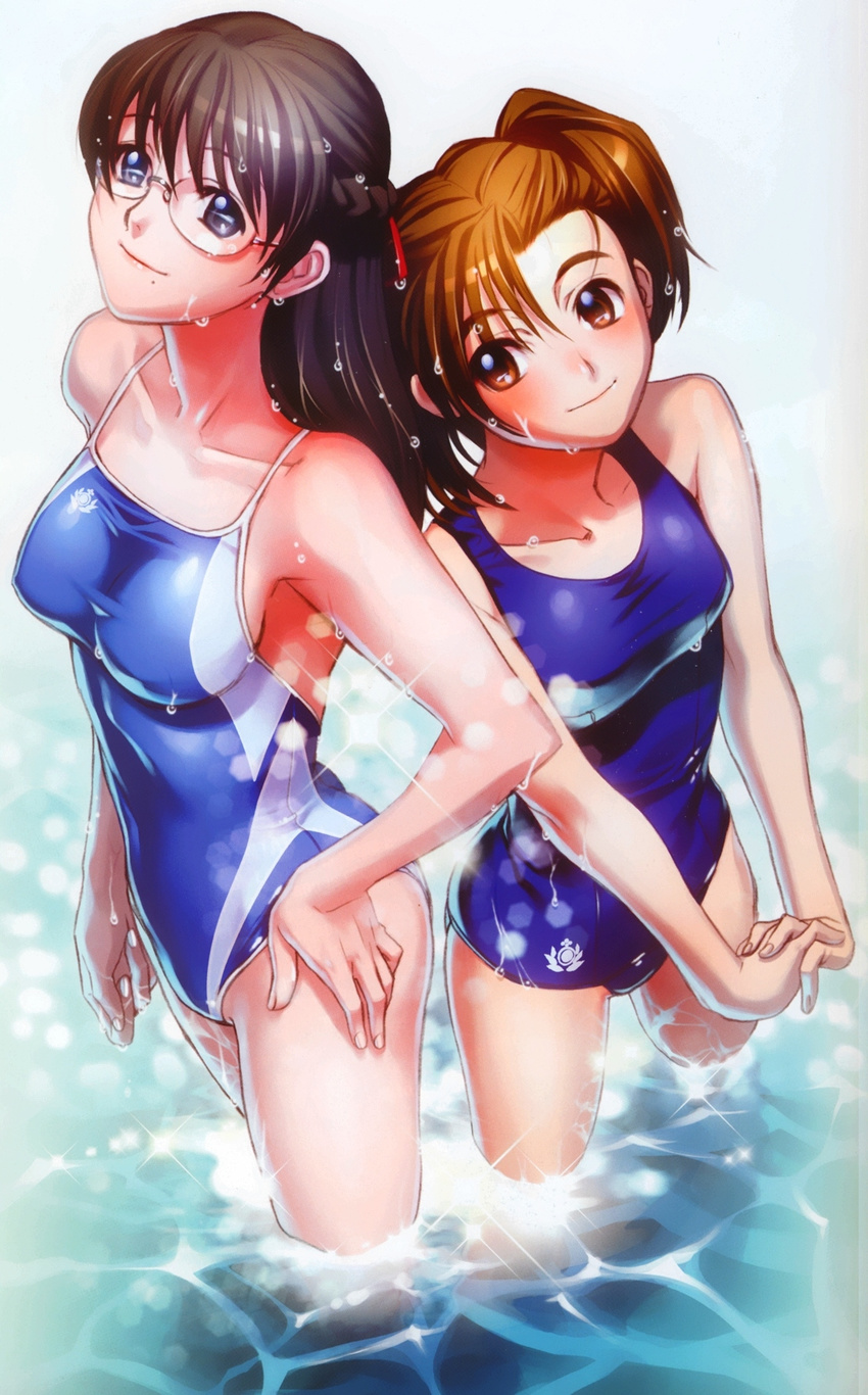 black_hair black_lagoon braid breasts brown_eyes brown_hair collarbone colorized competition_swimsuit glasses grey_eyes hair_ribbon hand_on_hip highres hiroe_rei large_breasts long_hair maki_(black_lagoon) medium_breasts mole multiple_girls official_art one-piece_swimsuit ribbon school_swimsuit smile standing swimsuit twintails wading washimine_yukio water wet wet_clothes