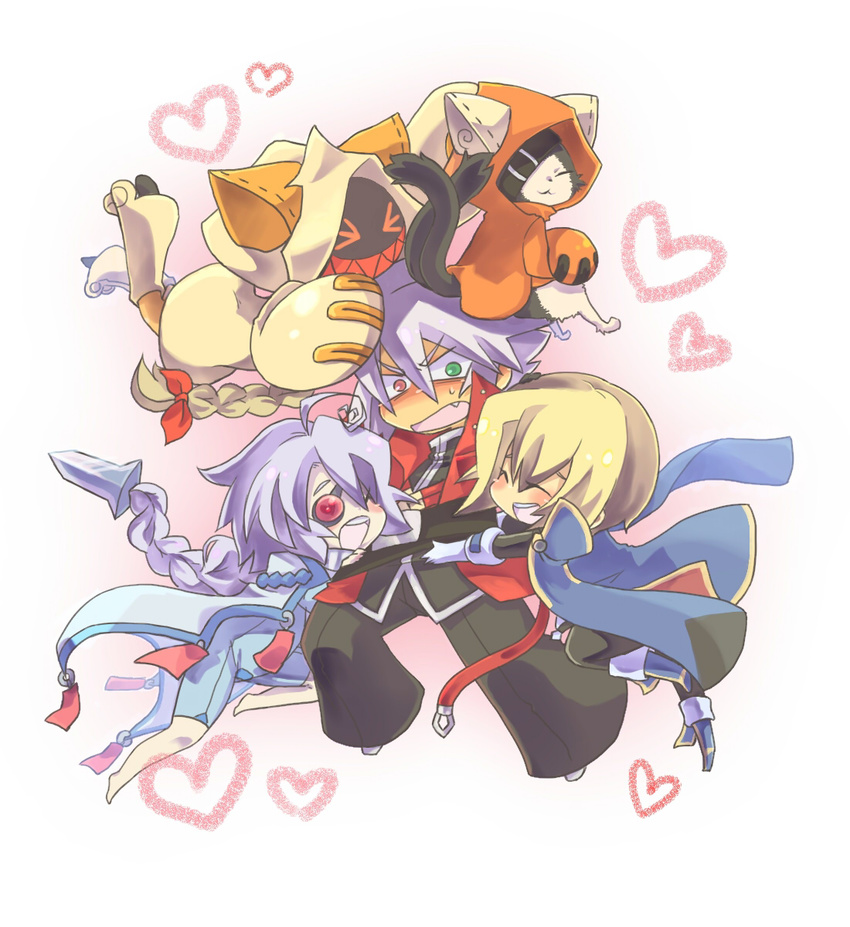 arc_system_works blazblue blazblue:_calamity_trigger blonde_hair cat chibi heart highres jin_kisuragi jubei_(blazblue) kisaragi_jin long_hair ragna_the_bloodedge short_hair taokaka white_hair