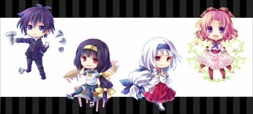 3girls ahoge ajimu_najimi albino bad_id bad_pixiv_id black_hair black_legwear blue_eyes bow chibi curly_hair curtsey desk dress dual_persona emukae_mukae full_body hair_ribbon hairband hakama japanese_clothes kotoko_(oxxxo) kumagawa_misogi long_hair medaka_box multiple_girls pants pink_hair purple_eyes red_eyes red_hakama red_legwear ribbon sandals school_uniform screw shoes short_hair sitting smile socks thighhighs uwabaki white_hair