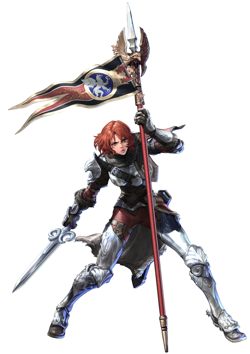 absurdres armor banner buckle crest gauntlets greaves highres hildegard_von_krone kawano_takuji lips mature mole official_art pauldrons polearm red_hair short_hair solo soulcalibur soulcalibur_v sword weapon