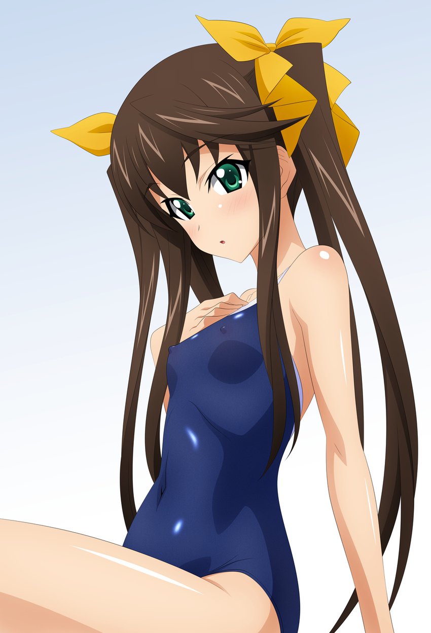 1girl brown_hair competition_school_swimsuit covered_nipples erect_nipples green_eyes highres huang_lingyin infinite_stratos long_hair one-piece_swimsuit school_swimsuit sitting solo sugimura_tomokazu swimsuit thighs twintails wariza