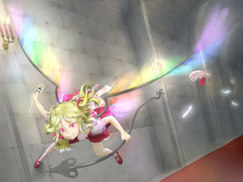 ascot bad_id bad_pixiv_id blonde_hair candle card crack feathers fire flame flandre_scarlet grin hair_ribbon hallway hat hat_removed headwear_removed holding holding_card kitano_(kitanosnowwhite) laevatein light_trail mary_janes motion_blur red_eyes ribbon shoes short_hair side_ponytail smile socks solo spell_card touhou wall wings