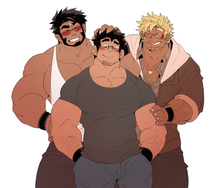3boys affectionate arm_hair bara beard blonde_hair boy_sandwich character_request chest_hair dark-skinned_male dark_skin edwin_(kokukokuboo) facial_hair feet_out_of_frame fingernails glasses goatee grey_pants grey_shirt hand_on_another's_arm happy highres jacket jewelry kokukokuboo large_pectorals long_sideburns male_focus mature_male multiple_boys muscular muscular_male necklace open_clothes open_jacket orange-tinted_eyewear original pants partially_unbuttoned pectoral_cleavage pectorals pointy_ears sandwiched sharp_fingernails shirt short_hair sideburns sleeves_rolled_up smile standing sunglasses tank_top thick_eyebrows tinted_eyewear white_tank_top