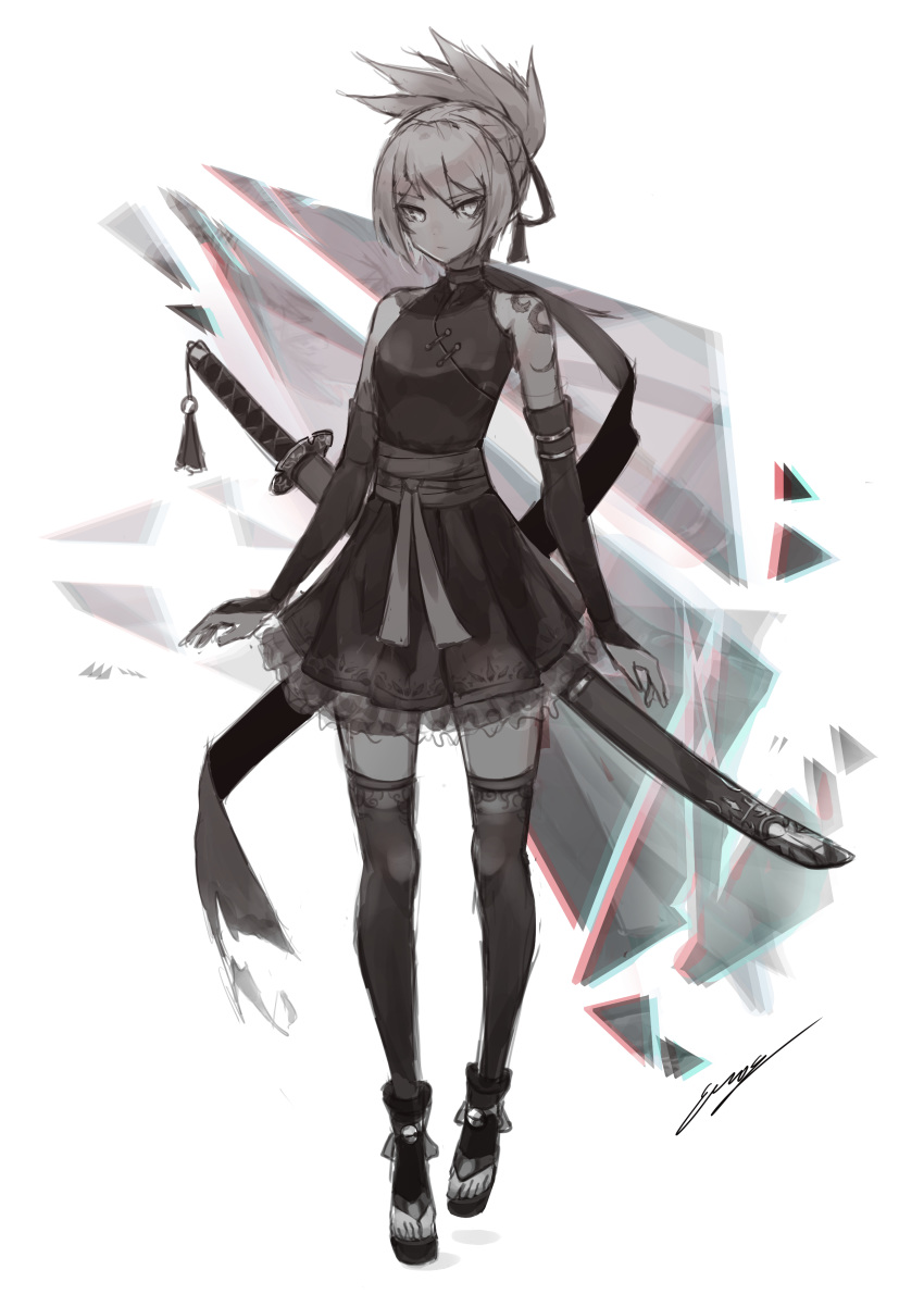 1girl absurdres bangs bare_shoulders belt boots commentary detached_sleeves dress english_commentary erospanda eyebrows_visible_through_hair greyscale hair_ornament hair_up hairband highres katana long_sleeves looking_at_viewer monochrome original ponytail short_ponytail shoulder_tattoo signature sketch solo standing sword tattoo thighhighs weapon weapon_on_back