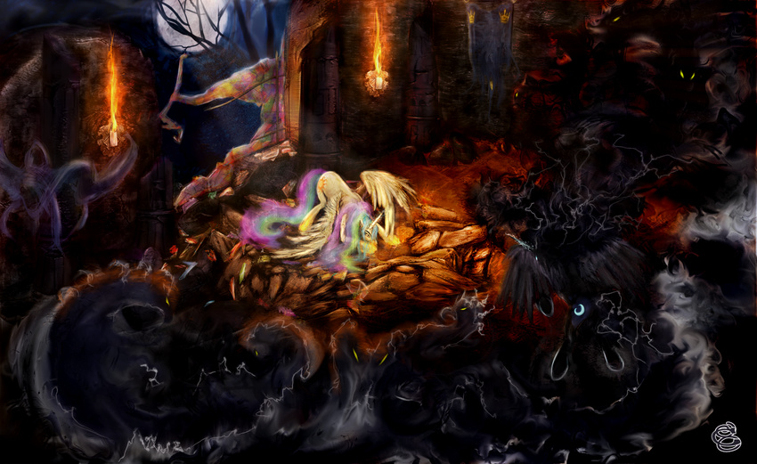 alicorn amazing_background armor candle confrontation cutie_mark equine female feral fire friendship_is_magic full_moon hasbro hi_res horn mammal miradge moon my_little_pony night nightmare_moon_(mlp) princess princess_celestia_(mlp) princess_luna_(mlp) royalty ruins winged_unicorn wings
