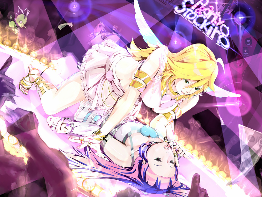 angel_wings armlet blonde_hair blue_eyes bracelet chuck_(psg) cross-laced_footwear crowd dutch_angle garterbelt_(psg) highres incest jewelry long_hair lying money multicolored_hair multiple_girls nail_polish open_mouth panty_&amp;_stocking_with_garterbelt panty_(psg) ring sandals shu_(shya) siblings sisters skirt stocking_(psg) two-tone_hair wings yuri