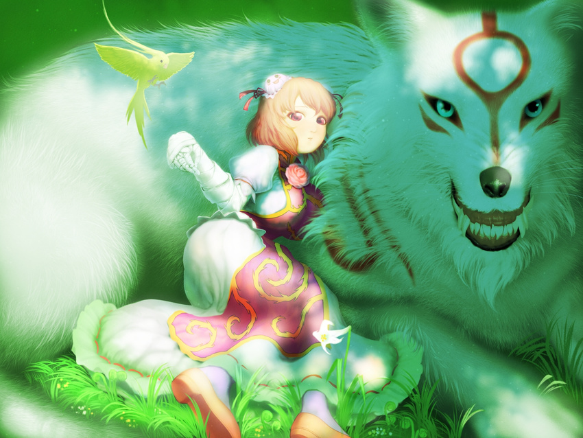 amaterasu animal bandages bird breasts bun_cover crossover double_bun dress flower highres ibaraki_kasen large_breasts lying nature ookami_(game) oversized_animal rose size_difference solo teeth touhou wolf yonaki
