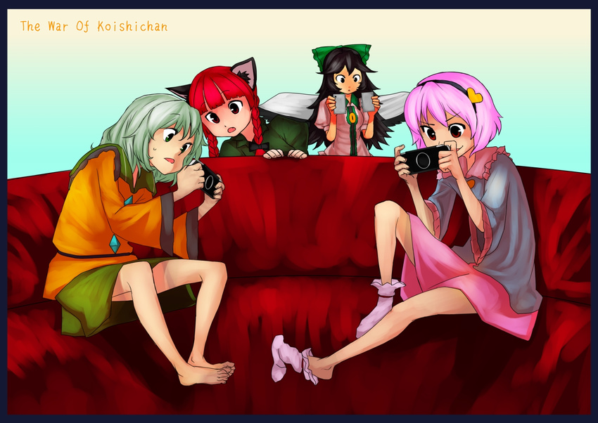 animal_ears barefoot black_hair bow braid broken bukimi_isan cat_ears couch feet green_eyes green_hair hair_bow handheld_game_console headband kaenbyou_rin komeiji_koishi komeiji_satori leaning long_hair multiple_girls nintendo_ds nintendo_dsi pink_hair pink_skirt playing_games playstation_portable red_eyes red_hair reiuji_utsuho short_hair sitting skirt sock_pull the_war_of_koishi_chan touhou twin_braids wings