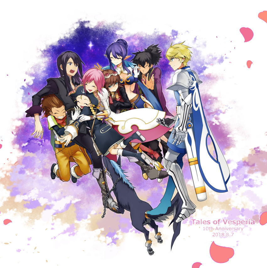 &gt;3&lt; 4boys 4girls anchor_symbol ankle_boots armor belt binoculars black_footwear black_hair black_shirt blonde_hair blue_eyes blue_footwear boots braid breasts brown_hair cape cleavage dog dress estellise_sidos_heurassein everyone eyes_closed floating flynn_scifo frilled_hat frills gauntlets gloves goggles goggles_on_head greaves green_eyes grin group_hug hair_between_eyes hair_bun hair_ribbon hat highres hug judith karol_capel knee_boots knight layered_dress long_coat long_hair long_sleeves midriff mitsuxodc_38 multiple_boys multiple_girls orange_pants pants patty_fleur petals pink_dress pink_hair pirate pirate_hat pointy_ears ponytail puffy_long_sleeves puffy_sleeves purple_coat purple_eyes purple_hair purple_ribbon raven_(tales) red_neckwear repede ribbon rita_mordio sheath sheathed shirt short_hair short_sleeves shoulder_armor sidelocks sky sleeves_rolled_up smile spaulders star_(sky) sweat sword tales_of_(series) tales_of_vesperia twin_braids weapon white_dress white_footwear white_gloves wide_sleeves yuri_lowell