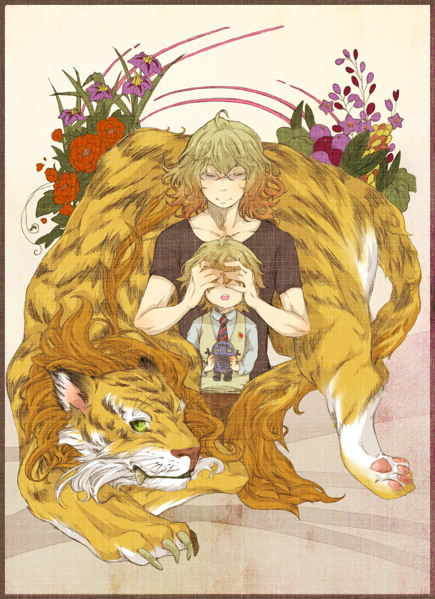 barnaby_brooks_jr blonde_hair bunny child closed_eyes cocohore covering_eyes dual_persona flower glasses highres male_focus multiple_boys necktie shirt t-shirt tiger tiger_&amp;_bunny time_paradox toy_robot vest younger