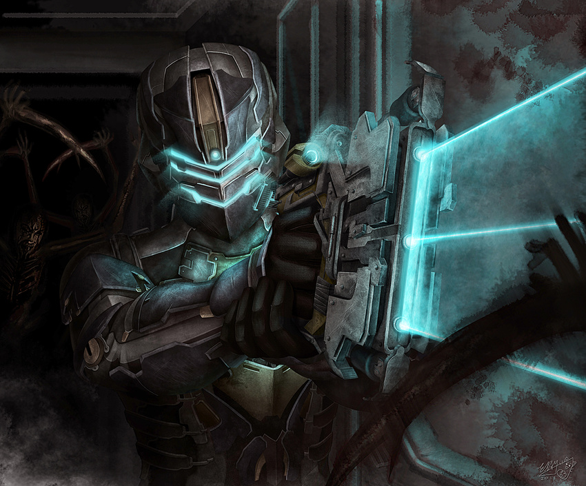 armor dead_space dead_space_2 examheart gun helmet isaac_clarke laser_sight male_focus necromorph plasma_cutter solo weapon