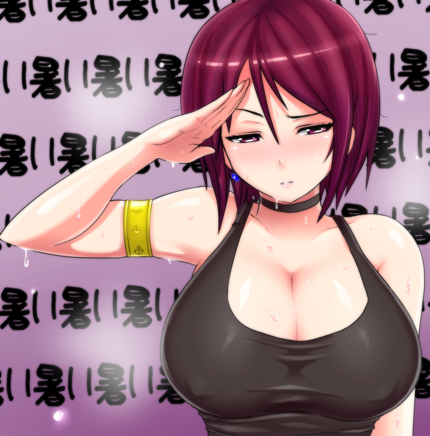 armlet bare_shoulders blush breasts choker cleavage collarbone earrings highres hot jewelry large_breasts okyou purple_eyes salute shirt short_hair solo sweat tank_top taut_clothes taut_shirt the_king_of_fighters translated whip_(kof)