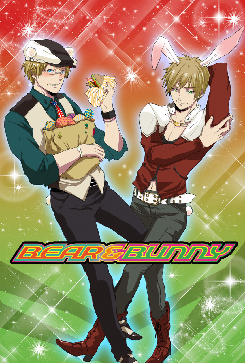 america_(hetalia) animal_ears axis_powers_hetalia bad_id bad_pixiv_id bag barnaby_brooks_jr barnaby_brooks_jr_(cosplay) bear_ears belt blonde_hair blue_eyes blush boots bracelet bunny_ears cabbie_hat cosplay eating extra_ears facial_hair glasses green_eyes grocery_bag hat highres jacket jewelry kaburagi_t_kotetsu kaburagi_t_kotetsu_(cosplay) kemonomimi_mode male_focus multiple_boys navel necklace necktie parody red_jacket riseupup shopping_bag stubble studded_belt tiger_&amp;_bunny united_kingdom_(hetalia) vest waistcoat watch wristwatch