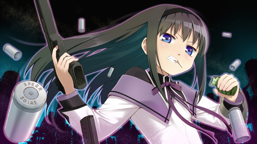 akemi_homura black_hair blue_eyes bullet clenched_teeth explosive foreshortening grenade gun hairband handgun highres long_hair mahou_shoujo_madoka_magica mouth_hold night pistol solo teeth weapon youkann00