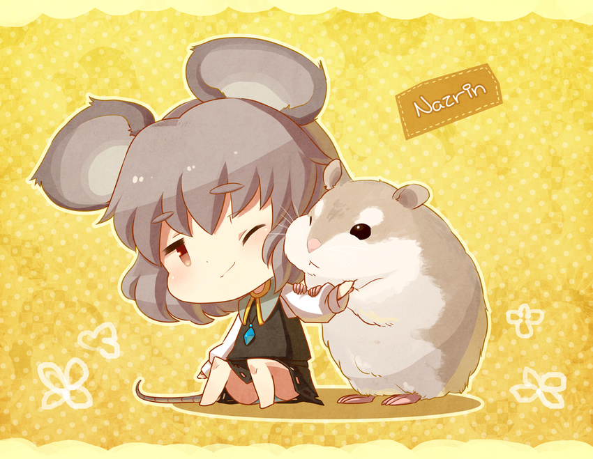 animal animal_ears barefoot blueberry_(5959) blush brown_eyes cheek-to-cheek cheekbones chibi eyebrows hamster jewelry minigirl mouse_ears mouse_tail nazrin one_eye_closed pendant sitting skirt solo tail touhou upskirt wince yellow_background