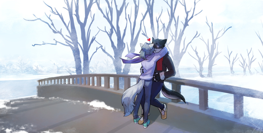 &lt;3 2019 anthro bridge canid canine canis clothed clothing cold detailed_background digital_media_(artwork) domestic_cat duo felid feline felis fluffy fluffy_tail fur hair helloggi kissing male mammal outside romantic_couple scarf sky smile snow standing tree troy_lesage winter wolf