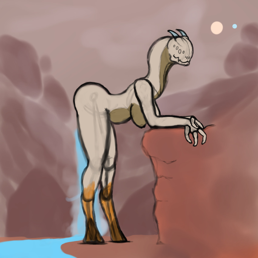 alien breasts canyon digital_media_(artwork) female horn humanoid outside river sketch unfinished vulpes_helios_(artist) waterfall