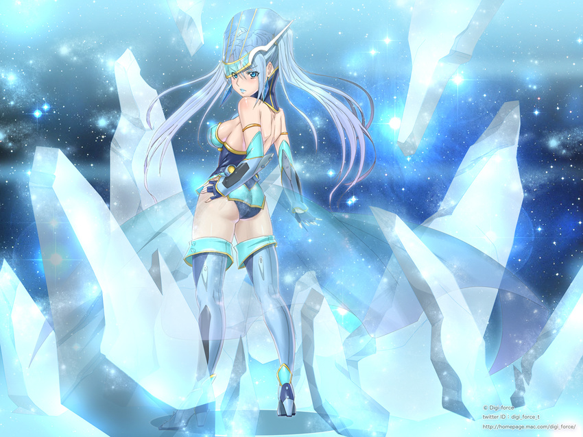adapted_costume alternate_hairstyle armlet ass back backless_outfit bare_shoulders blue blue_eyes blue_hair blue_legwear blue_rose_(tiger_&amp;_bunny) boots breasts covered_nipples crystal_earrings earrings elbow_gloves fingerless_gloves from_behind gloves hand_on_hip headdress high_heels ice jewelry karina_lyle kimura_shigetaka long_hair looking_back medium_breasts see-through shoes sideboob solo standing superhero thigh_boots thighhighs tiger_&amp;_bunny twintails visor