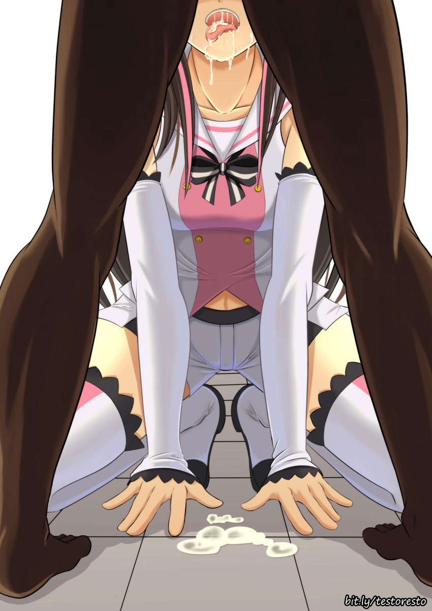 1boy 1girl a.i._channel absurdres arm_support boots breasts brown_hair collarbone cum cum_in_mouth cum_on_tongue cum_pool cumdrip detached_sleeves hair_over_shoulder highres kizuna_ai kneeling lace lace-trimmed_legwear long_hair medium_breasts multicolored_hair open_mouth sailor_collar shirt shorts sitting sleeves_past_wrists spread_legs squatting streaked_hair teeth thigh_boots thighhighs thighs tongue tongue_out upper_teeth virtual_youtuber watermark web_address white_sailor_collar