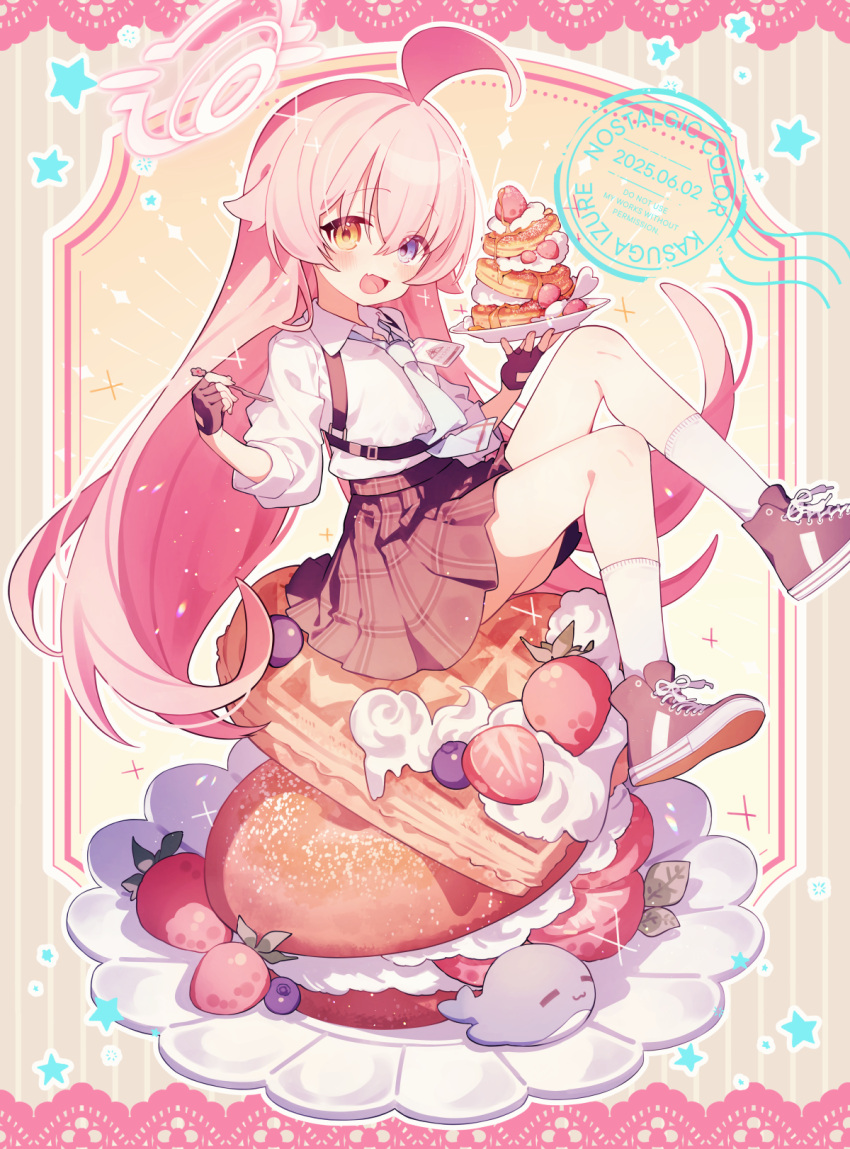 1girl :d ahoge black_shoes black_skirt blue_archive blue_eyes blue_necktie collared_shirt commentary_request cream fang food fruit full_body hair_between_eyes halo heterochromia highres holding holding_plate hoshino_(blue_archive) inflatable_toy inflatable_whale kasuga_haruhi long_hair long_sleeves looking_at_viewer necktie on_food open_mouth pancake pancake_stack pink_hair pink_halo plaid_clothes plaid_skirt plate pleated_skirt shirt shoes sitting skirt smile sneakers socks solo strawberry very_long_hair waffle white_shirt white_socks yellow_eyes