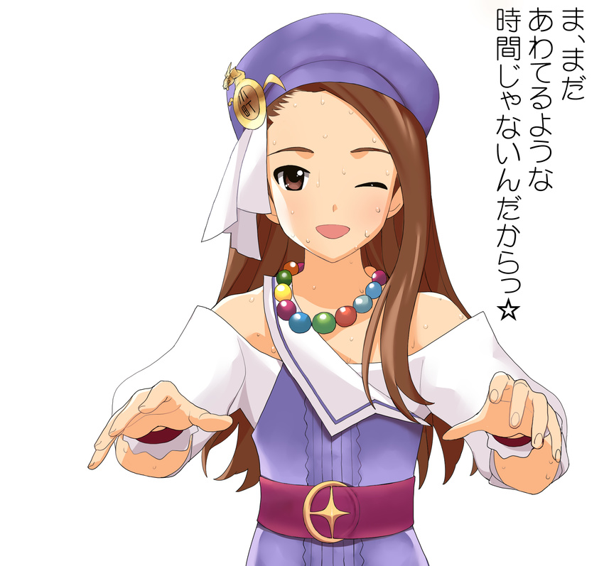 ;d a1 bare_shoulders belt beret brown_eyes brown_hair hat highres idolmaster idolmaster_(classic) idolmaster_2 jewelry long_hair minase_iori necklace one_eye_closed open_mouth palace_of_dragon_(idolmaster) parody simple_background slam_dunk smile solo sweat translated upper_body