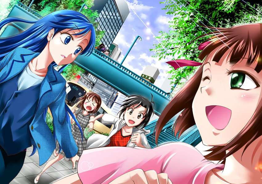 amami_haruka blue_hair brown_eyes brown_hair dutch_angle green_eyes hagiwara_yukiho highres idolmaster idolmaster_(classic) kikuchi_makoto kisaragi_chihaya kuno_touya long_hair multiple_girls scenery short_hair