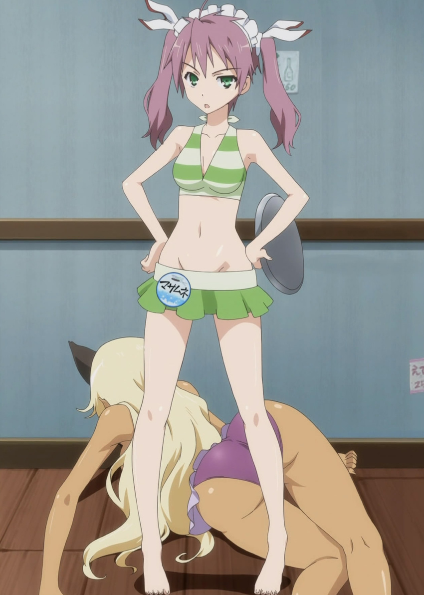 animal_ears ass barefoot bikini blonde_hair dark_skin green_eyes groin hands_on_hips highres legs long_hair long_legs mayo_chiki! multiple_girls narumi_nakuru purple_hair screencap stitched swimsuit third-party_edit tray twintails usami_masamune waitress