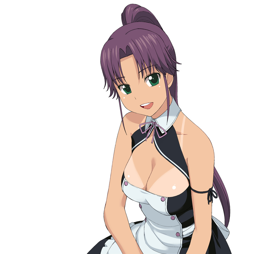 :d a1 absurdres apron arm_ribbon asuka_(dream_c_club_zero) bare_shoulders breasts cleavage dream_c_club dream_c_club_(series) green_eyes highres long_hair medium_breasts open_mouth ponytail purple_hair ribbon simple_background smile solo tan tanline