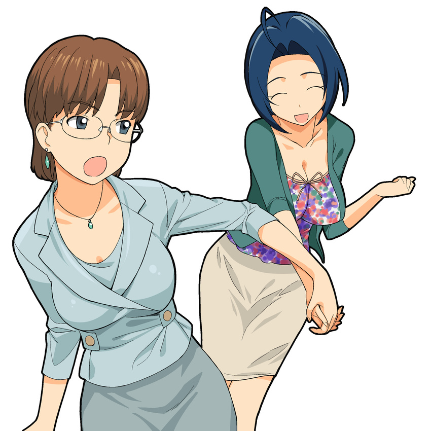 :o a1 absurdres ahoge blue_eyes blue_hair breasts brown_hair cleavage closed_eyes crossover earrings formal glasses highres holding_hands idolmaster idolmaster_(classic) idolmaster_2 ishida_azusa jacket jewelry kimi_ga_nozomu_eien medium_breasts miura_azusa multiple_girls namesake office_lady open_mouth pencil_skirt short_hair simple_background skirt skirt_suit smile suit