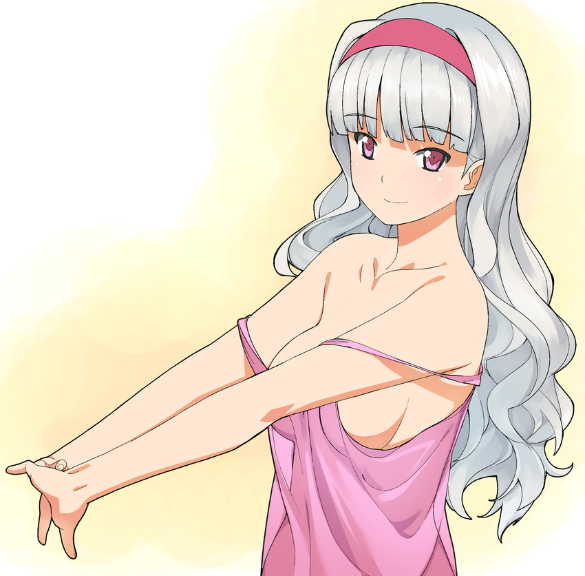 a1 absurdres bare_shoulders breasts closed_mouth collarbone dress face hairband hands highres idolmaster idolmaster_(classic) long_hair medium_breasts no_bra pink_eyes shijou_takane sideboob silver_hair smile solo strap_slip stretch upper_body