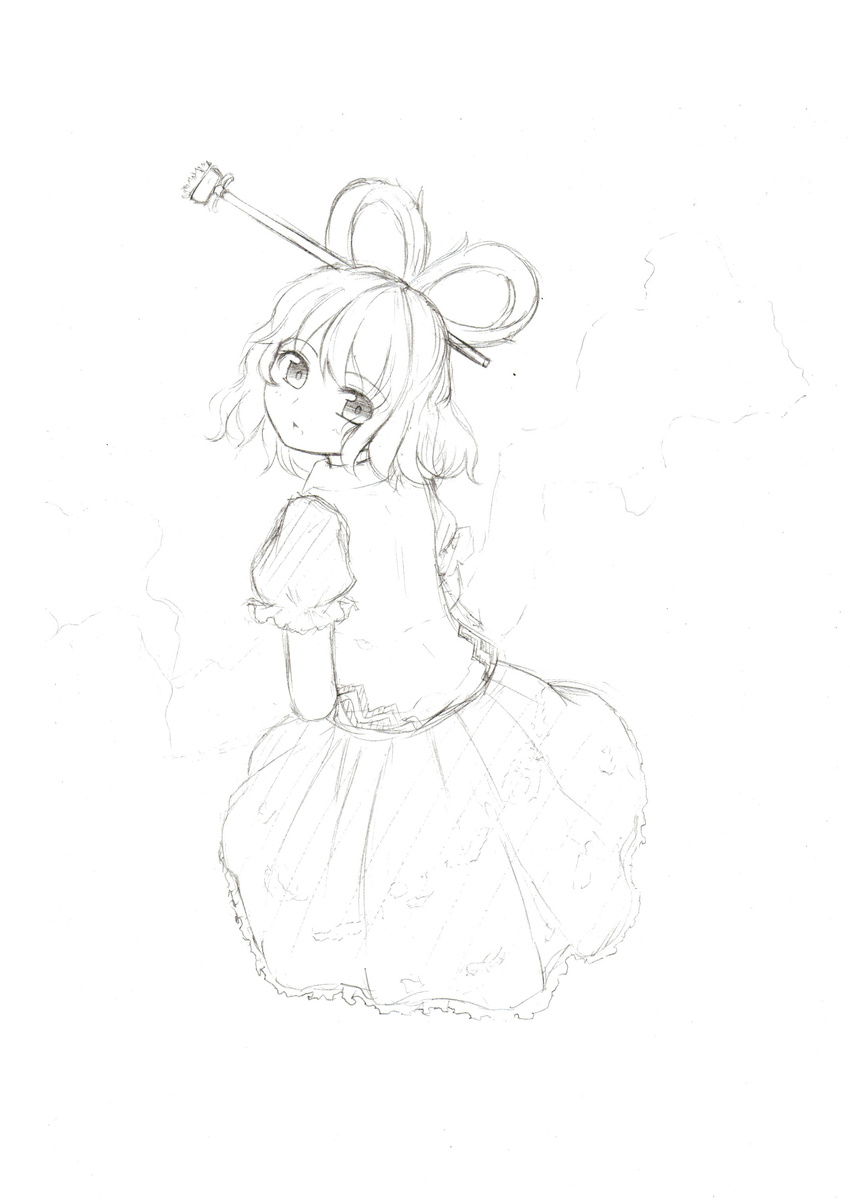 absurdres hair_ornament hair_rings hair_stick highres kaku_seiga looking_back monochrome open_mouth sketch skirt solo takupopn_player touhou