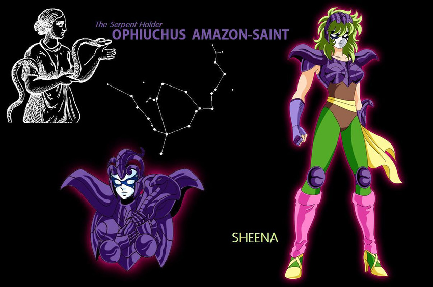 armor cloth constellation female green_hair knights_of_the_zodiac mask mythology ophiuchus_shaina ophiucus_shaina saint_seiya serpent shaina snake statue